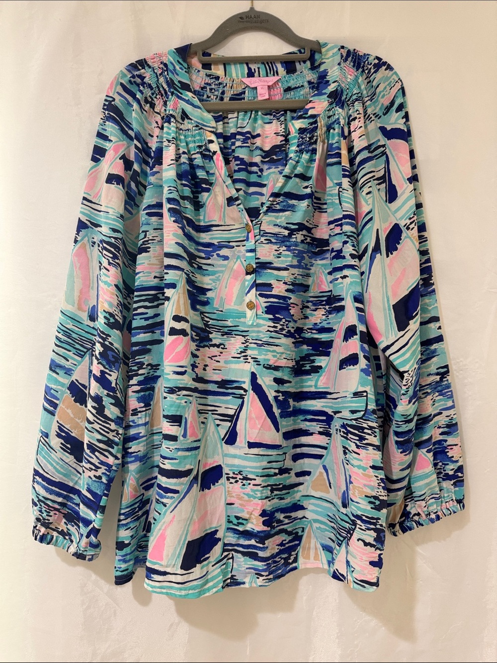 Lilly Pulitzer XL Silk Elsa Shirt Sailboat Pier Pressure